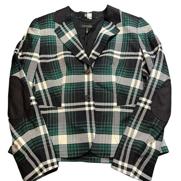 ESCADA ELBOW PATCH PLAID WOOL KNIT JACKET BLAZER TARTAN GREEN WOMENS 40 US 10 - Picture 2 of 12